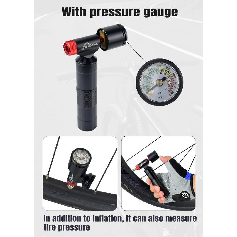 Black Head CO2 Pump with Clear Pressure Gauge Aluminum Alloy Bike Air Mini Cycling Bicycle CO2 Inflator for Road Bikes MTB Bikes