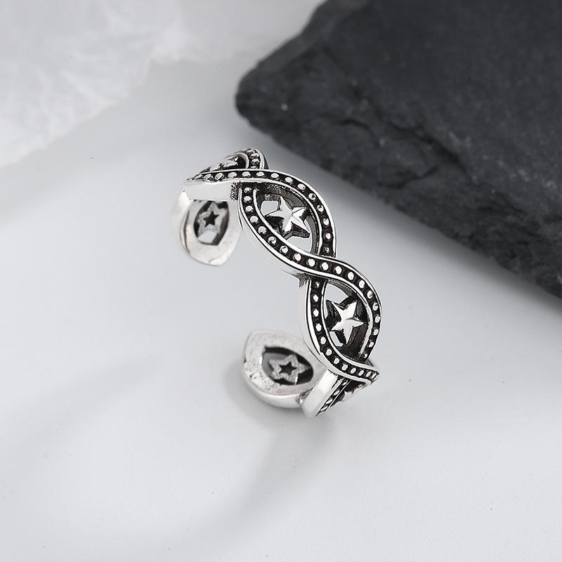 S925 Sterling Silver Retro Thai Wave Pattern Blackened Ring - Women's High-End European Style
