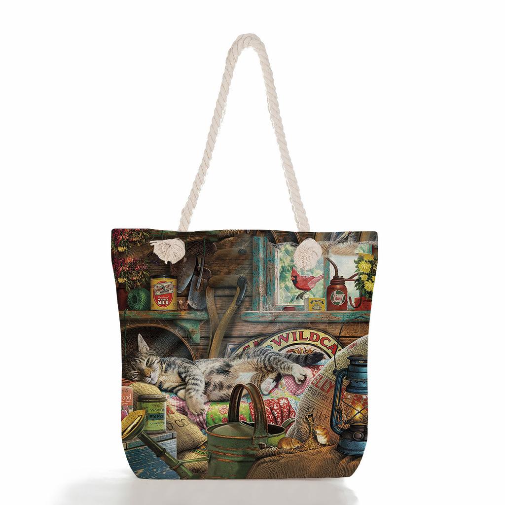 Cute Cat Print Thick Rope Single-shoulder Beach Bag 7211