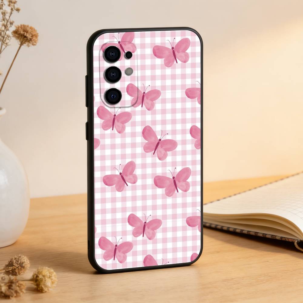 Pink Butterfly Pattern Phone Case Black Silicone Soft For Samsung S25,S24,S21,S22,S23,S30,Ultra,S20,Plus,Fe,Lite