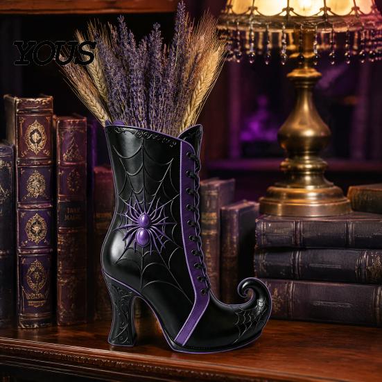Halloween Themed Floral Display Vessel Witch Boot Vase, Gothic Spider Web Flower Black Decorative Vase with Purple Accents Table