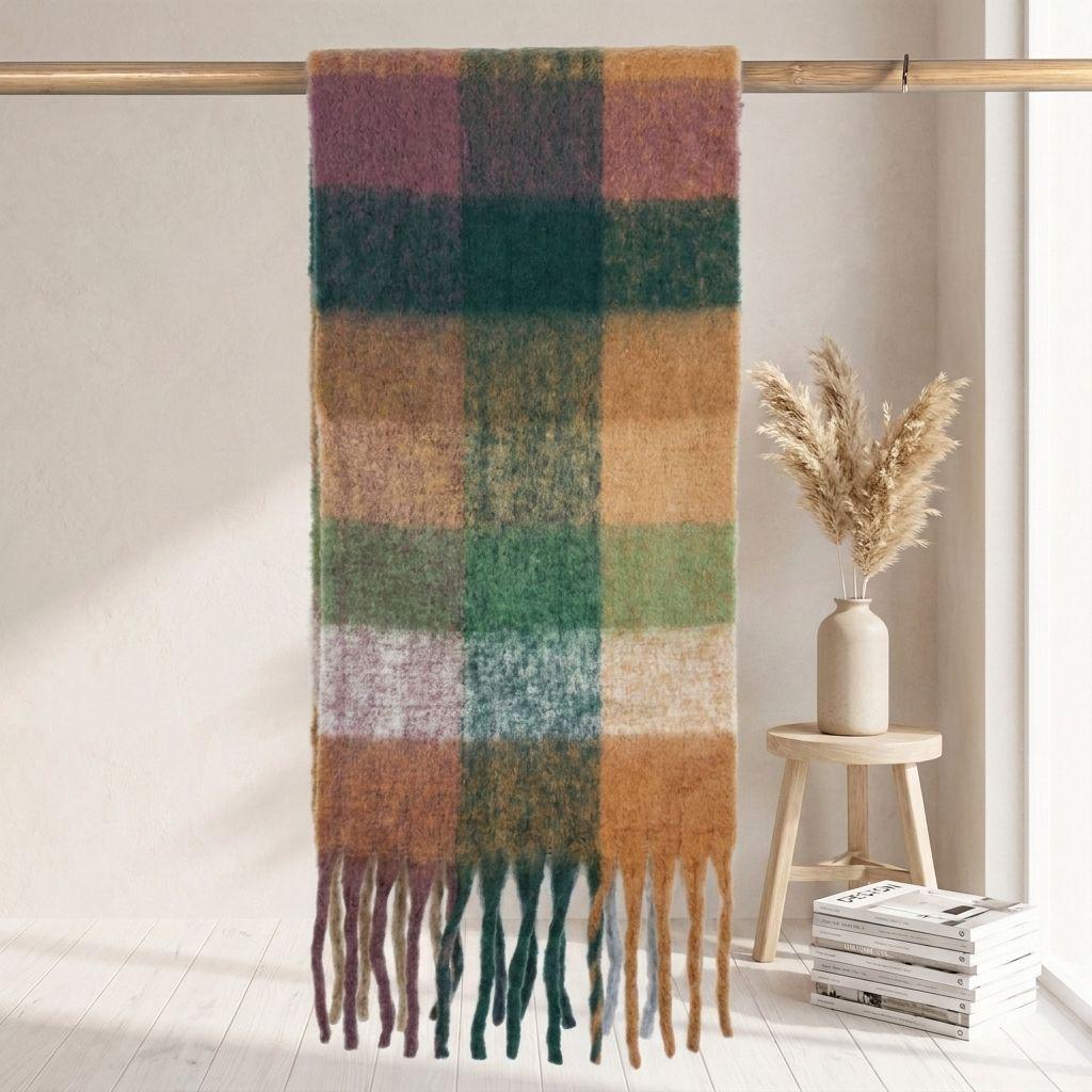 Women's High-Grade Colorful Plaid Mohair Scarf - Thick, Warm, and Versatile for Winter