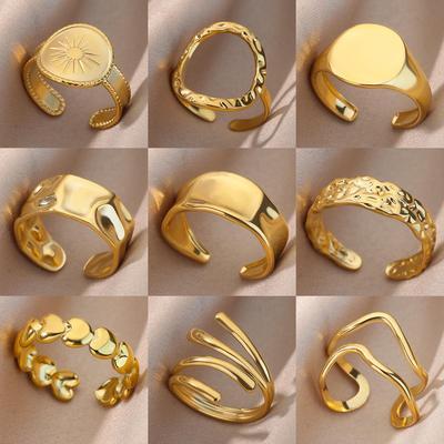 18K Gold Plated Stainless Steel Geometric Open Wide Band Unisex Ring