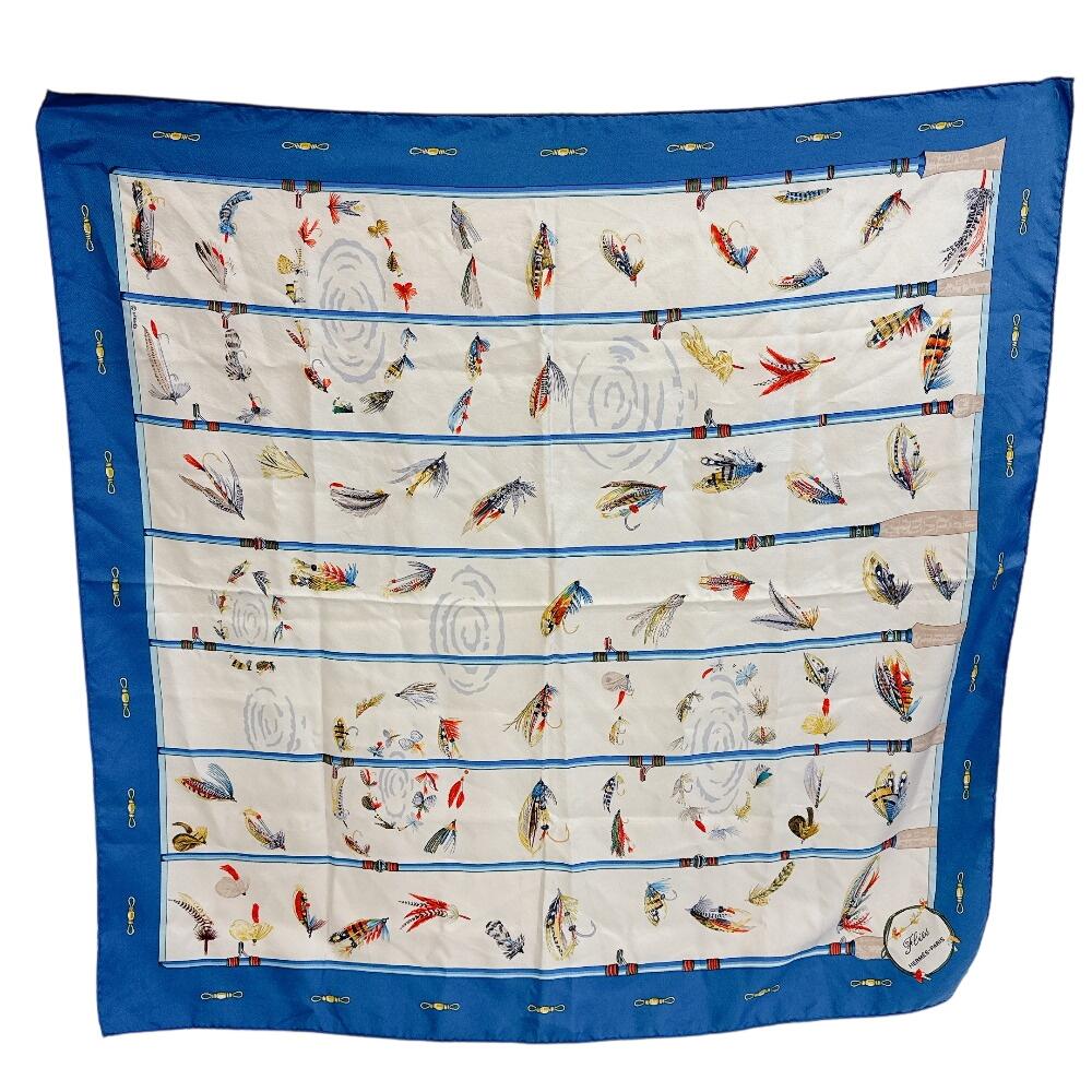 HERMES Flies silk Calle 90 scarf blue silk Used