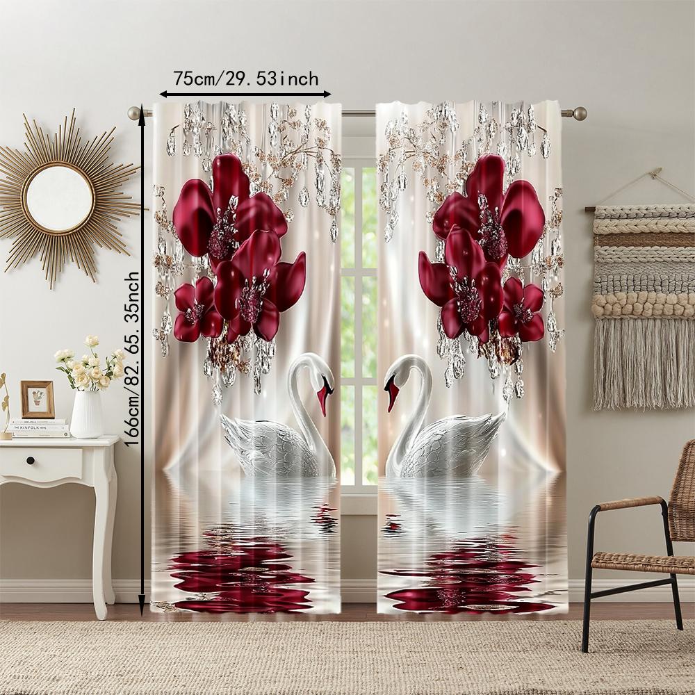 2Pcs Digital Printed Rod Pocket Window Curtain Swan Flower Pattern Window Drapes For Bedroom Living Room Home Decor Design For