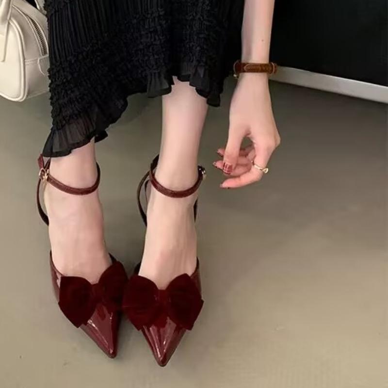 Fashion Butterfly Knot Head Sandals Summer New Pointed Head Shallow Mouth Metal One-line Buckle Anti-slip Wear-resistant High Heels
