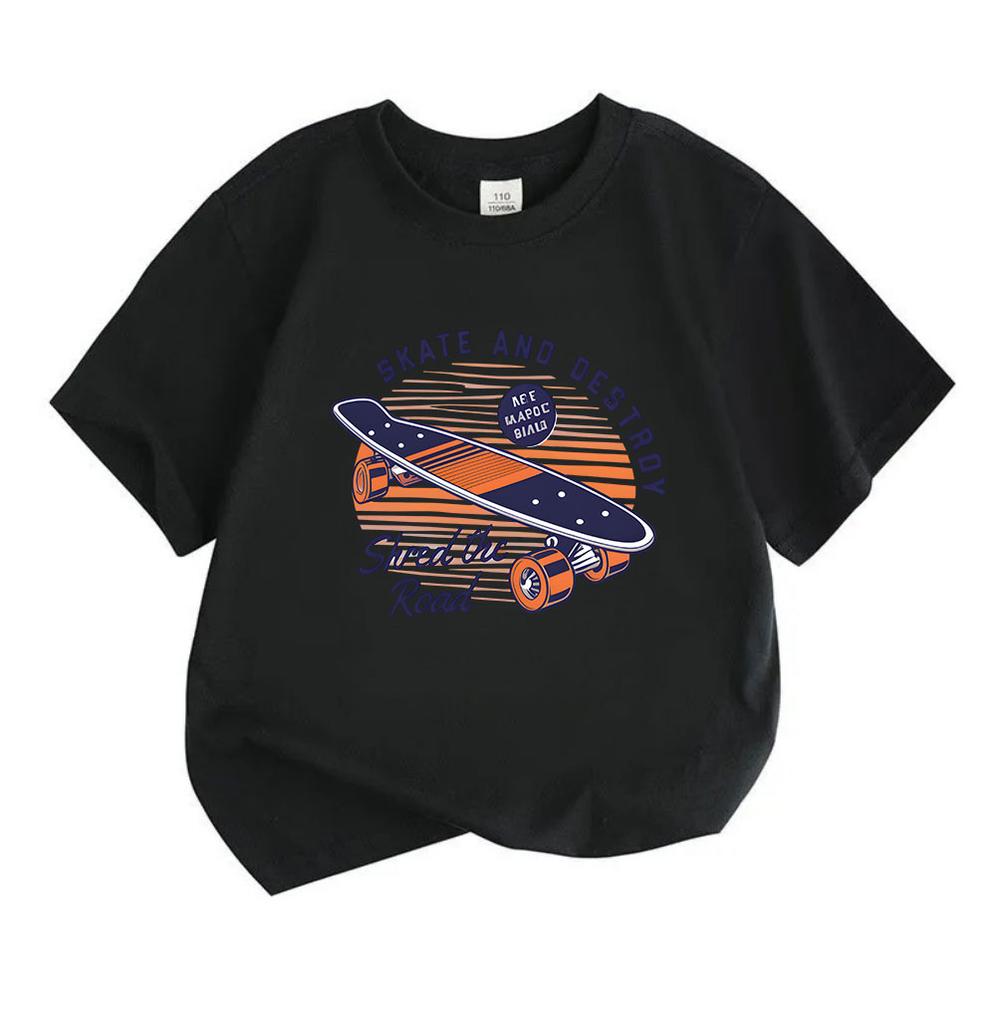 Kids Boys Girls 100% Cotton Crew Neck Short Sleeve T-Shirt, Retro Skateboard Skate And Destroy Shred The Road Print Casual Tee For Children Daily Wear
