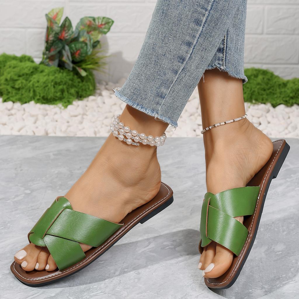 2025 Sommer flache Schuhe Damen Kreuzriemen Damen Hausschuhe Europäischer und Amerikanischer Außenhandel Übergröße Vielseitig Verschleißfest Flach Kühl Hausschuhe