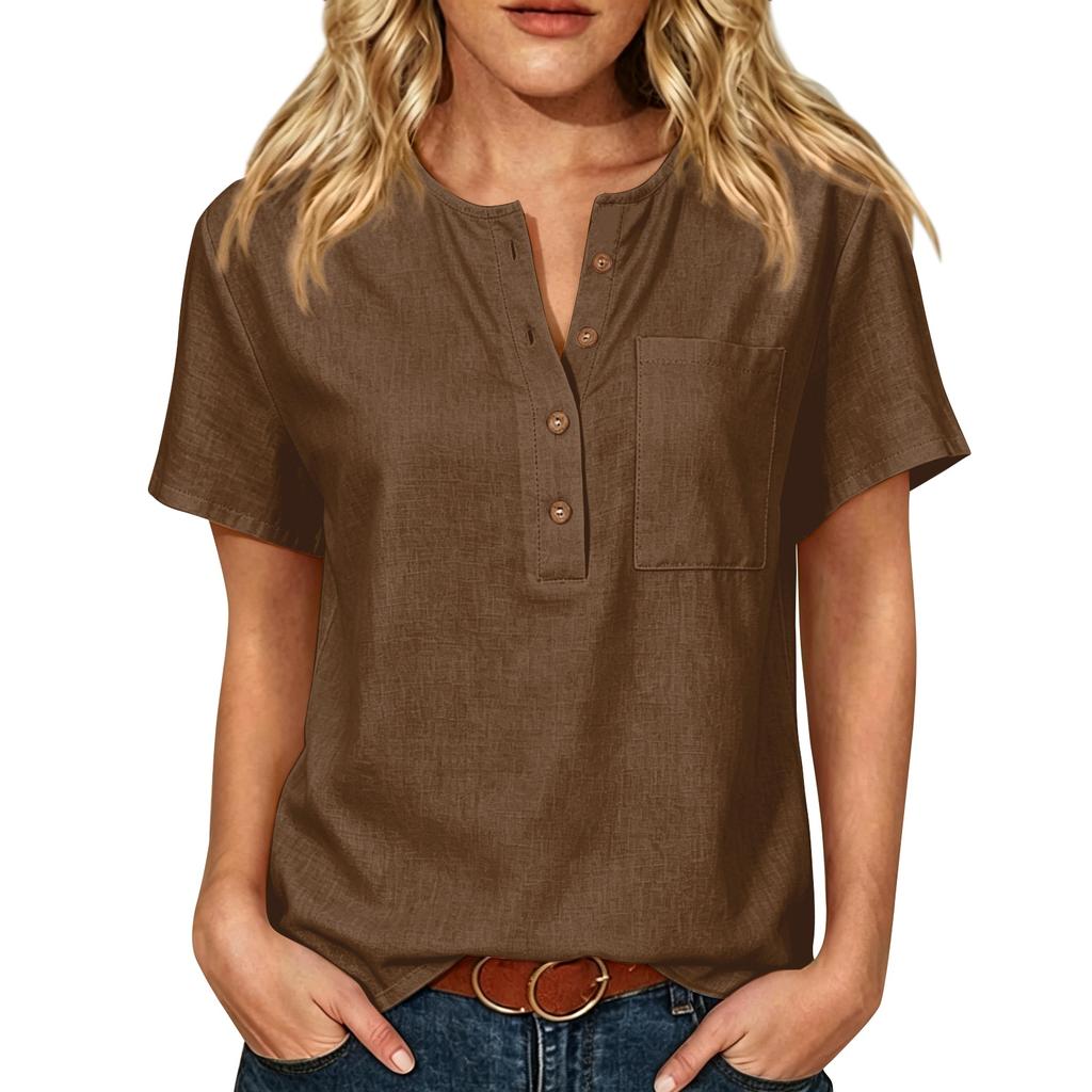 Women Henley Button Neck Short Sleeve Cotton Linen Shirt with Chest Pocket Loose Fit Casual Top for Daily Office Wear