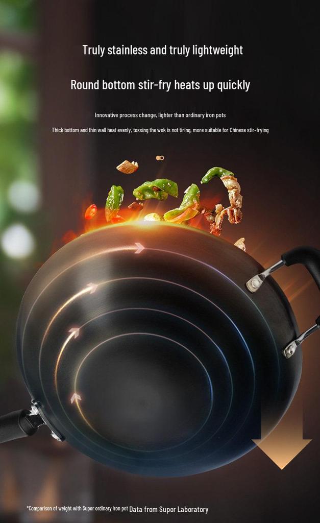 Supor Large Iron Round-Bottom Wok, No Coating, 32cm/34cm