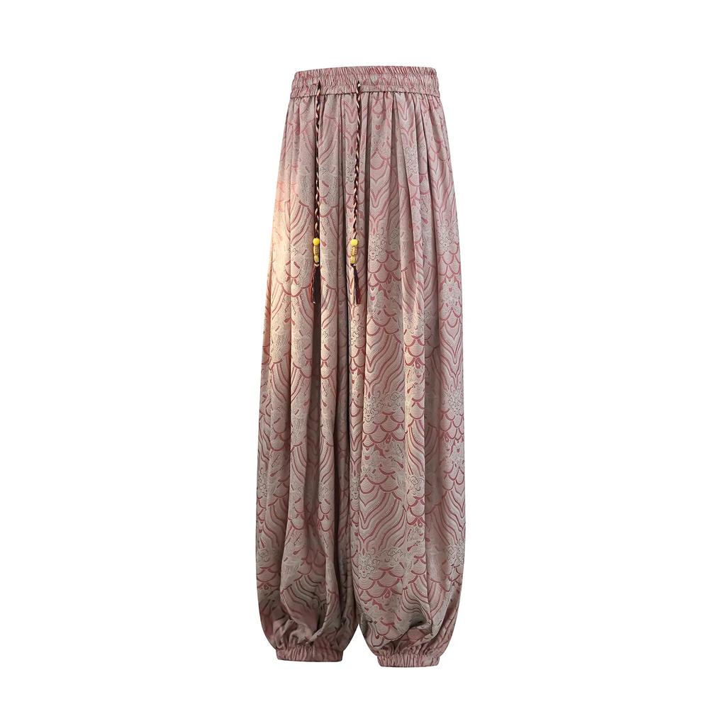 Pink Cloud Pattern Jacquard Ice Silk Ankle-Length Pants Men Loose Wide Leg Trousers Casual Baggy Breathable Streetwear Bottoms