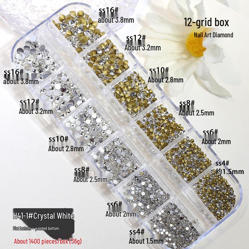 

Коробка с 12 ячейками смешанных маленьких круглых страз - Блестящий кристалл, Острый и Плоский низ для украшения ногтей