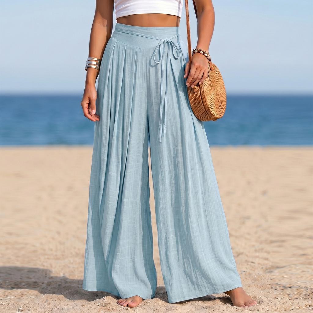 Women's High Waist Wide Leg Pants Linen Blend Casual Loose Fit Pleated Palazzo Trousers with Tie Detail and Elastic Waistband