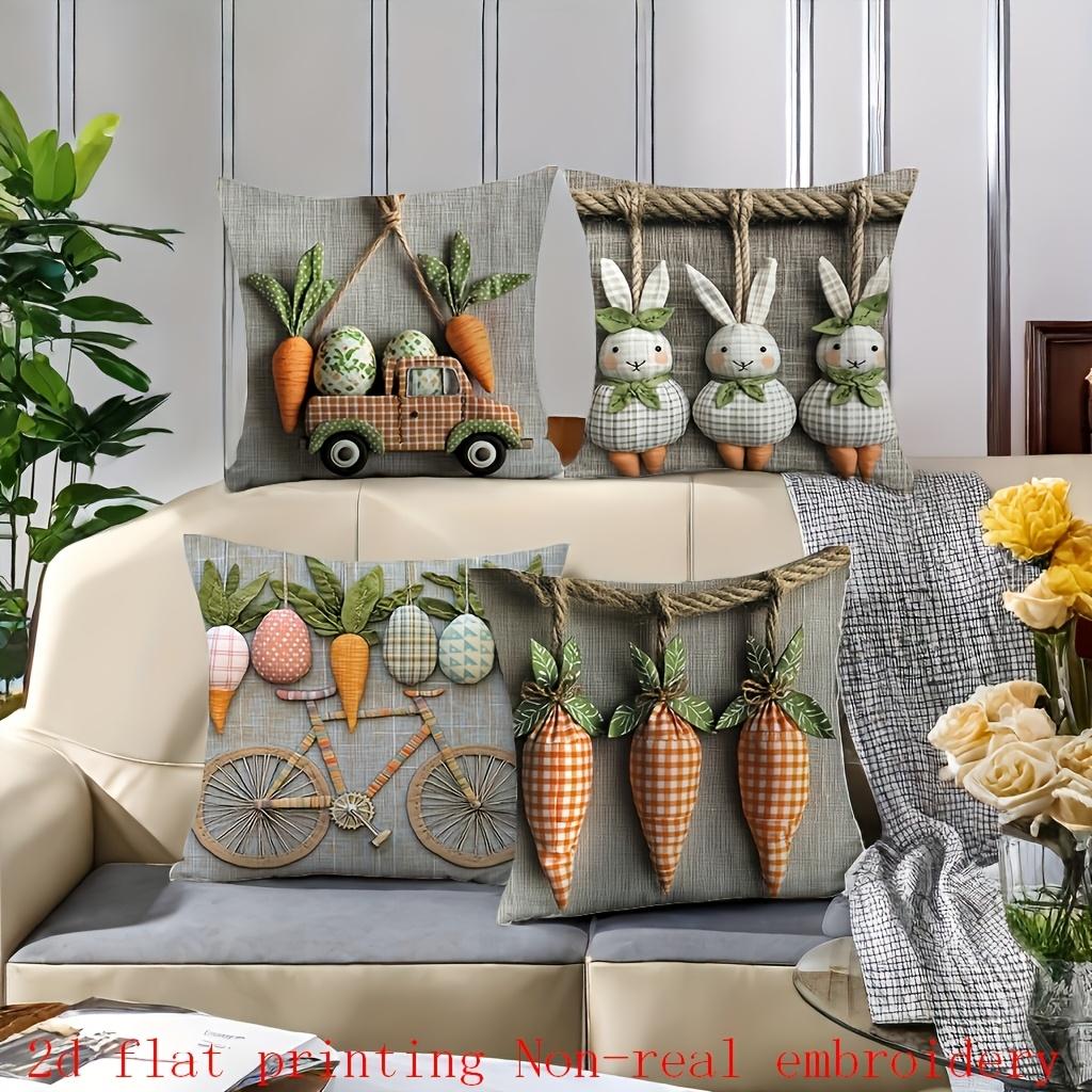 Easter-themed Pillow with Carrots Bunnies and Bike Polyester Pillowcase, Sofa Decorative Cushion Cov Headboard Pillow