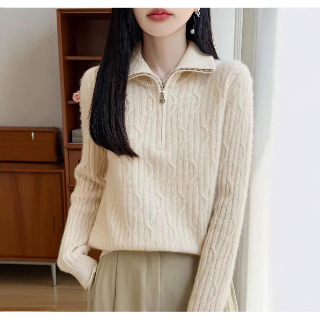 Women's Wool Half-Zip Lapel Sweater - Thick Knit Base Layer for Autumn & Winter