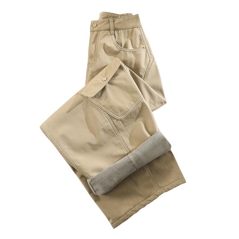 Retro Fleece-Lined Curved Leg Cargo Pants - Stylish, Slimming, Multi-Pocket, Wide-Leg Design