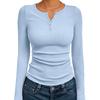 Damen Langarm Schlank Passend Uni Gerippt Gestrickt Geknöpft Basis Schicht T-Shirt
