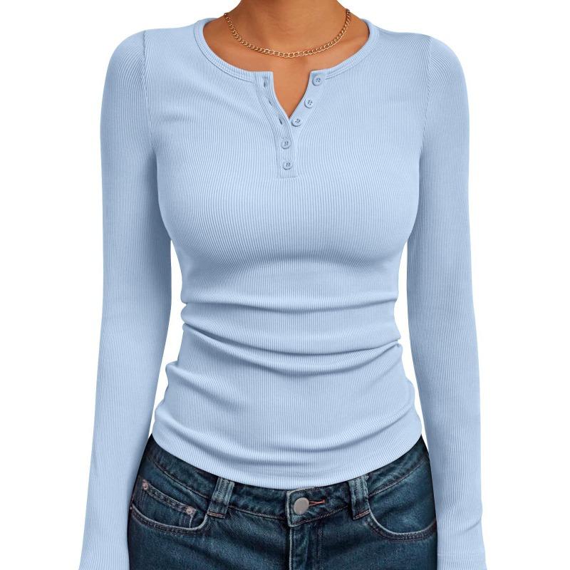 Damen Langarm Schlank Passend Uni Gerippt Gestrickt Geknöpft Basis Schicht T-Shirt