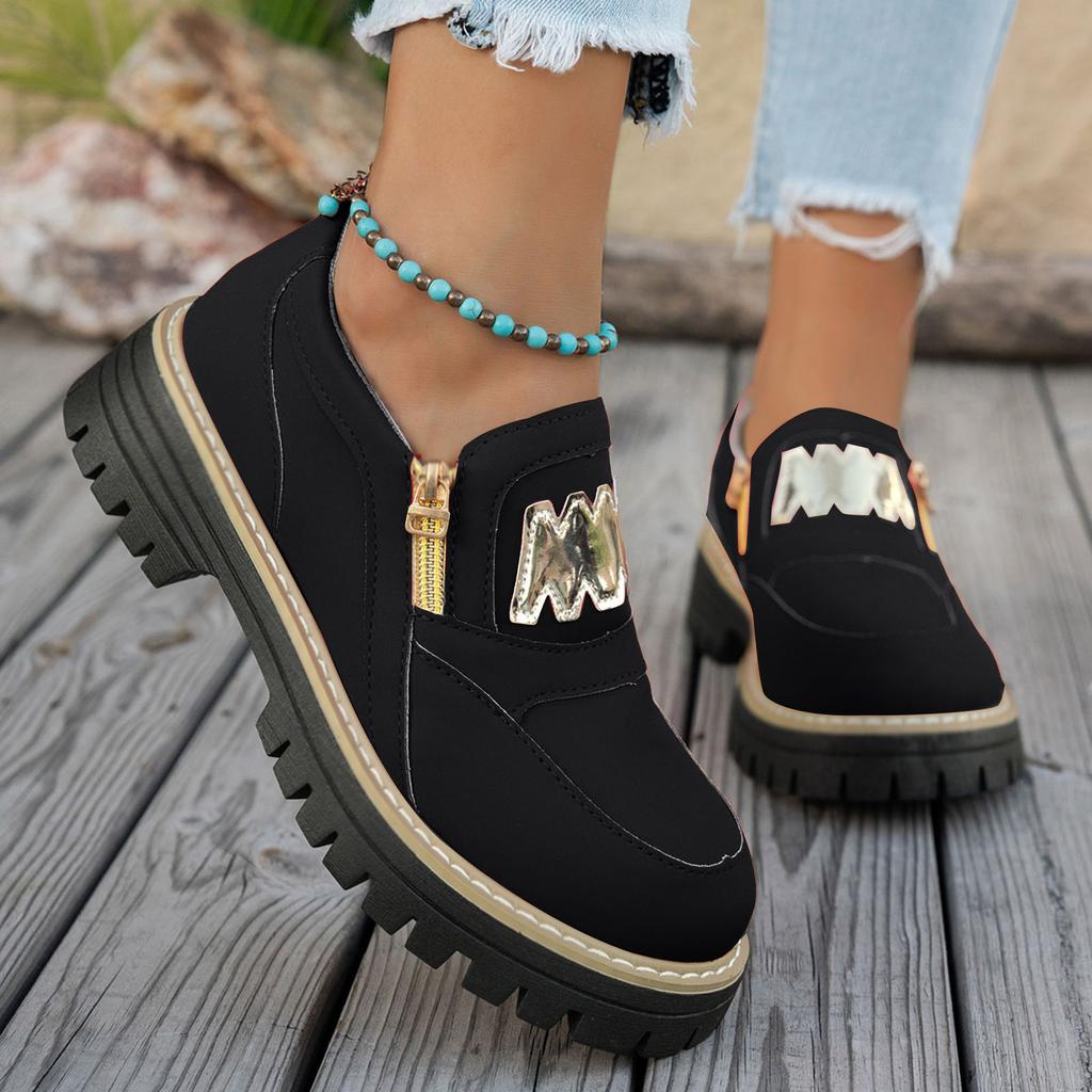 Thick Soled Leather Loafers For Women Fashionable And Casual Zippered Slip British Casual Sandals for Women Casual Summer Wedge