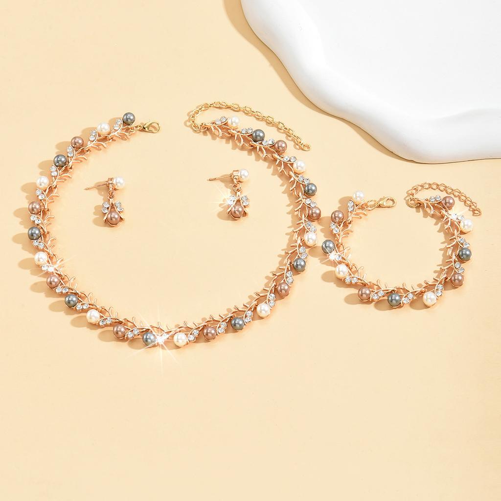 Pearl Earrings Necklace Bracelet Three-Piece Women'S Jewelry Set Dress Accessories