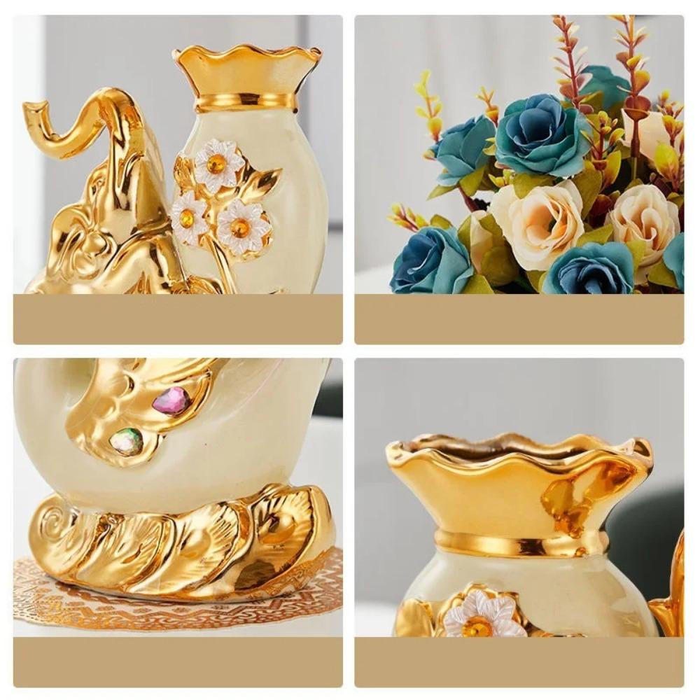 European Style Ceramic Golden Vase Arrangement Dining Table Home Decoration Accessories Creative Golden Elephant Vases