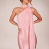 Women's Halter Sleeveless Midi Dress Slim Fit Mid Rise Elegant Satin Bodycon Dress Solid Flowing Sash Party Gown