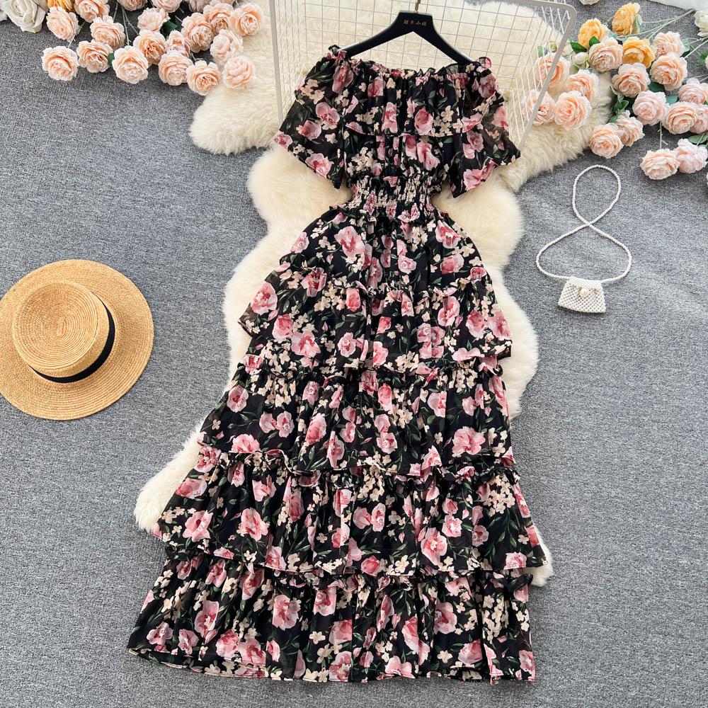 Summer French One Line Neck Fragmented Flower Dress Pleated Waist Wrapped High Grade Sweet Dress