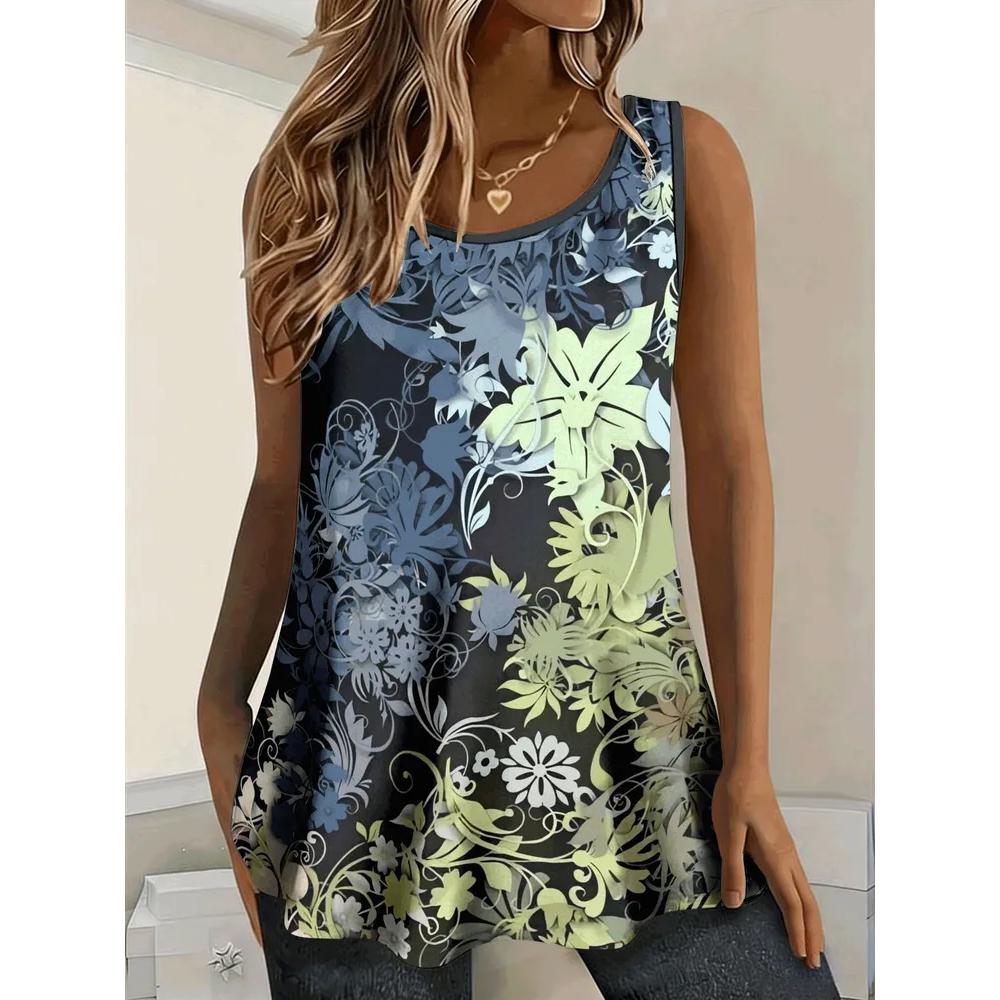 Fashion Women's Flower Printed T-Shirt Casual Loose Sleeveless Top Comfortable Camis Tank Tops