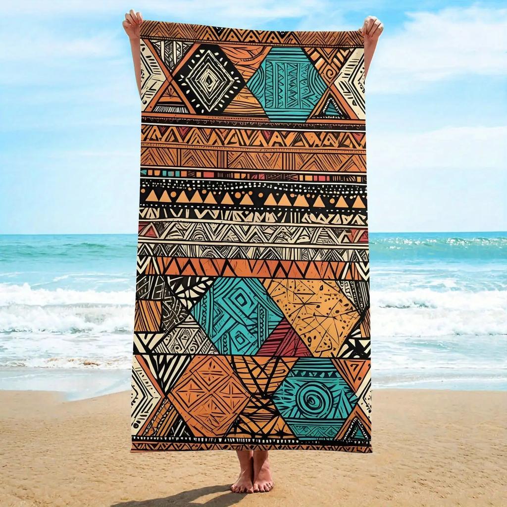 1 Bohemian Series Microfiber Bath Towel, Ultra-Thin Fabric Beach Towel with Vibrant Geometric Pattern, Quick-Dry and Lightweight