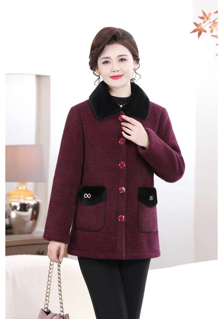 Winter Velvet Lapel Coat for Middle-Aged Women - Faux Mink, Loose Fit, Woolen, Plus Thick Layer