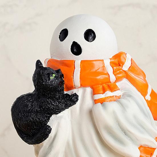 Halloweenská figurka duch Bílý duch držící dýni Kočka Strašidelná pryskyřičná ozdoba Rytá Halloweenská dekorace