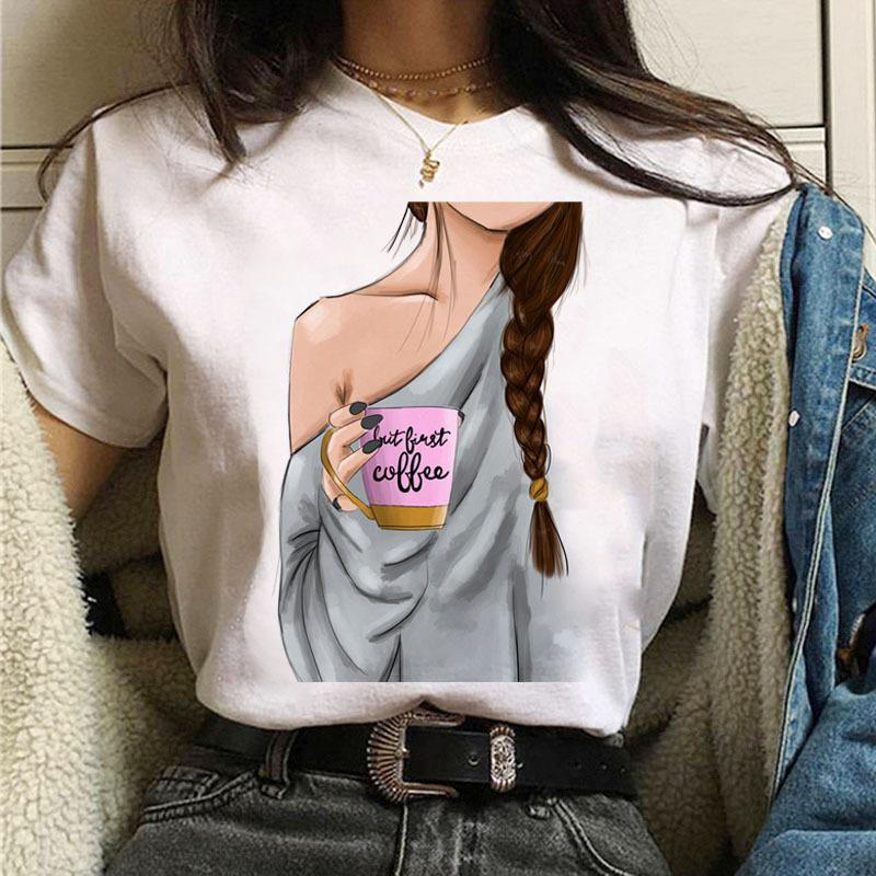Summer Fashion Coffee Girl Urban Base Shirt Round Neck Pure Cotton Short Sleeved Women's T-Shirts Women’s