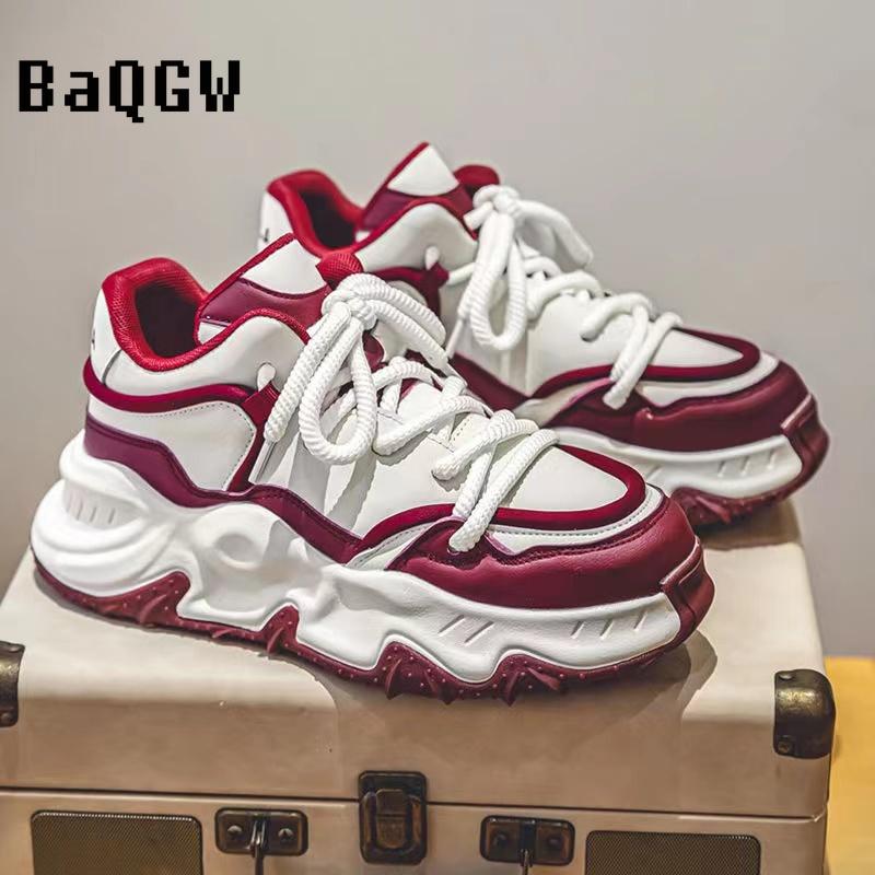 Fashion Chunky Sneakers Men Soft Sole Running Shoes Fashion Casual Leather Color Block Design Breathable Height Increased Platform Shoes