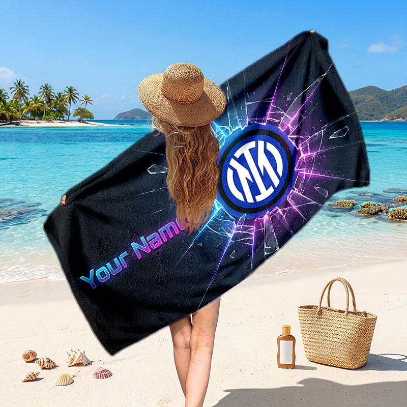 Asciugamano da Spiaggia Personalizzato Inter Milan, Stampa Testo Nome Personalizzato, Asciugamano Morbido Asciugatura Rapida con Logo Calcio, Regalo per le Vacanze