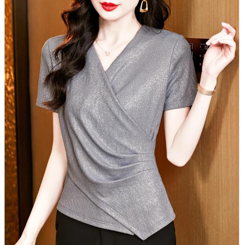 Summer Women's European Clothes T-Shirt Temperament Cross V-Neck Tops Streetwear Female Short Sleeve Slim Trendy Tees