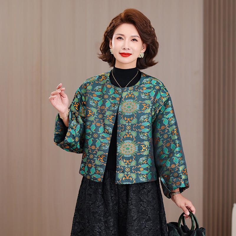 

Elegant Plus Size Jacquard Outerwear for Mothers - Autumn National Style XL