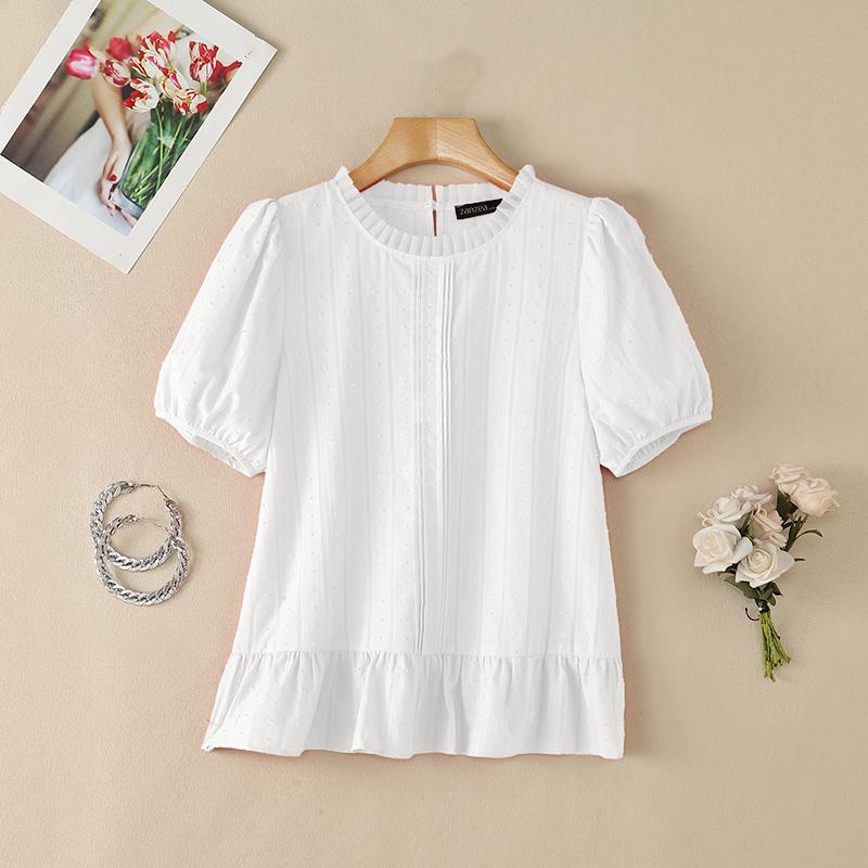 ZANZEA Women Casual Round Neck Loose Summer Short Sleeve Blouse Tops S белый