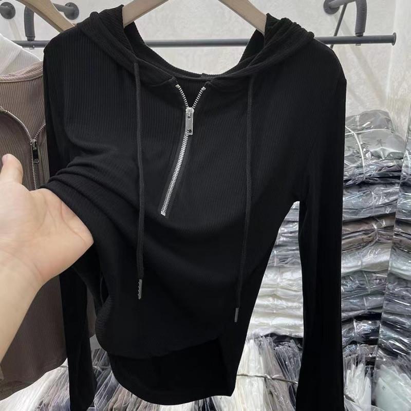 Женская ретро-трендовая однотонная модель, универсальная, полузастежка-молния, индивидуальный капюшон, длинные рукава, прошитая нитью, повседневный весенне-осенний стиль S чёрный