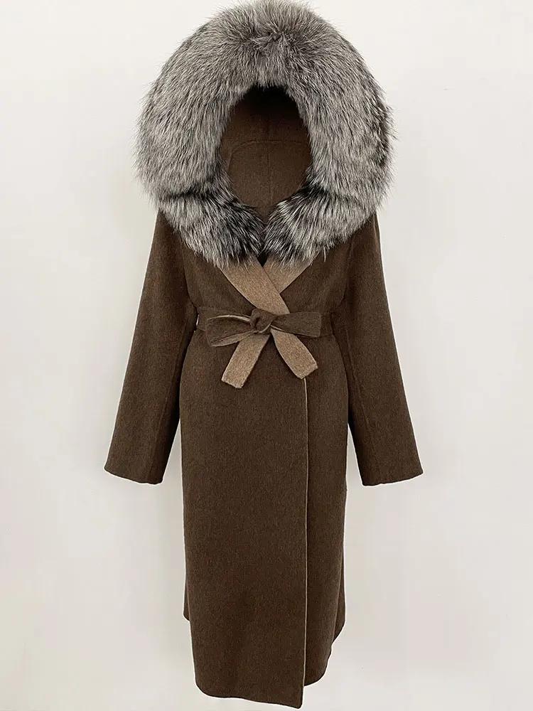 OFTBUY Winter Women Coat Real Natural Fox Fur Hooded Detachable Collar Double-faced Woolen Jacket Long Casual Elegant Overwears