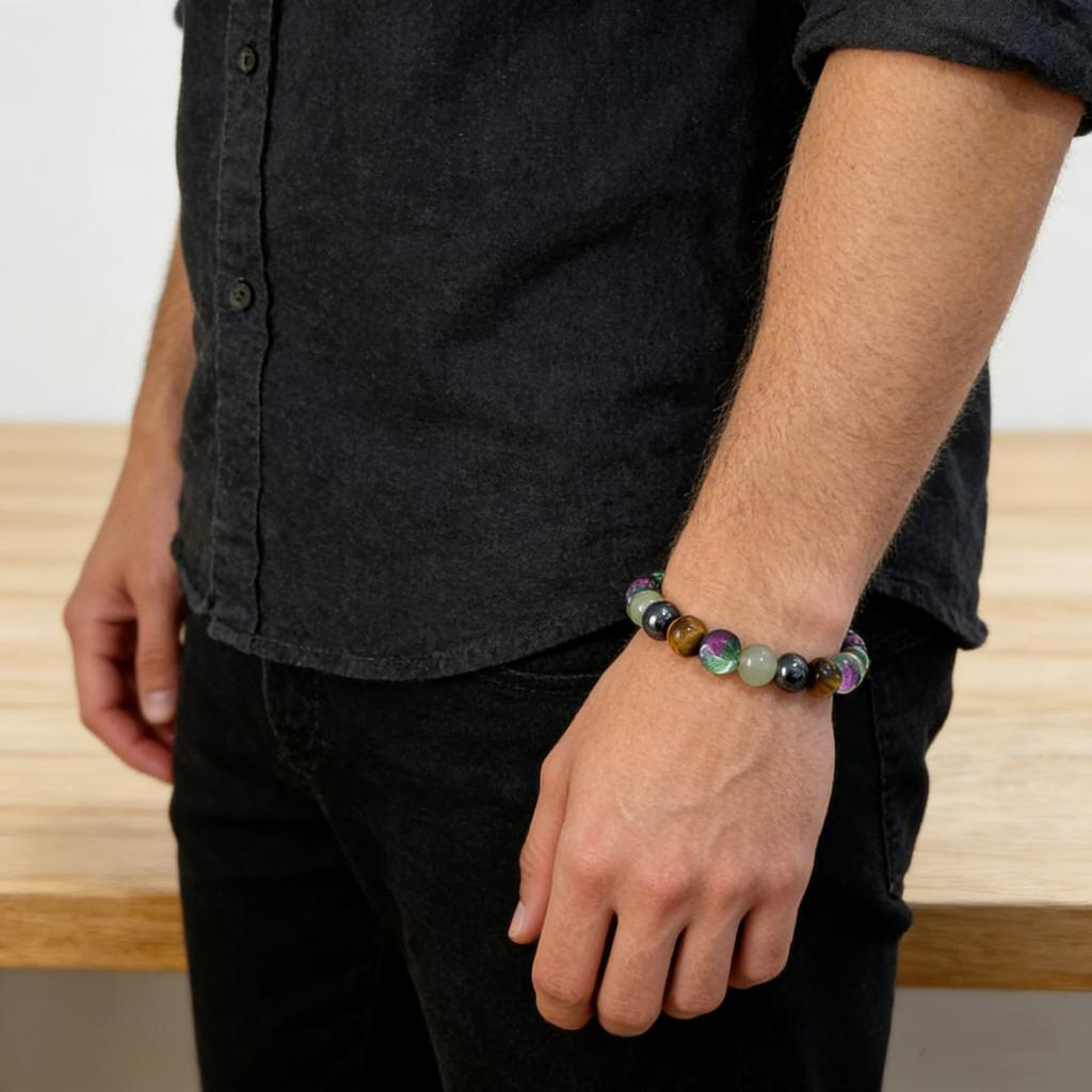 Crystal bracelet, natural tiger eye stone, red green gemstone, black stone bead bracelet, men's elastic bracelet