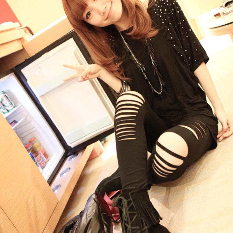 Black Punk Ripped Torn Slashed Cut Striped Leggings Pants Gothic Club Asymmetric Hole Elastic Skinny Pencil Pants For Women Girl