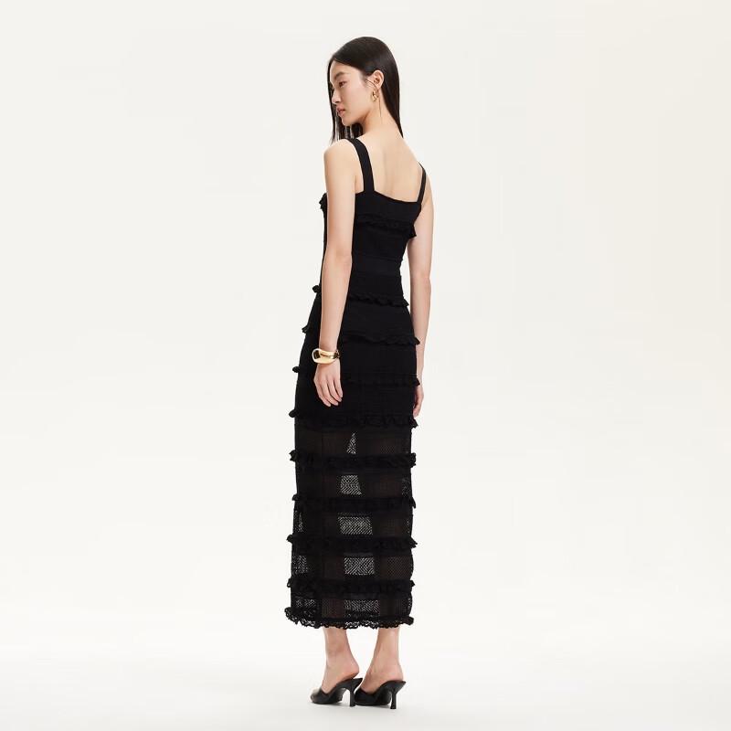 Veromoda Women's 2025 Spring Slim Fit Lace Ruffle Little Black Dress