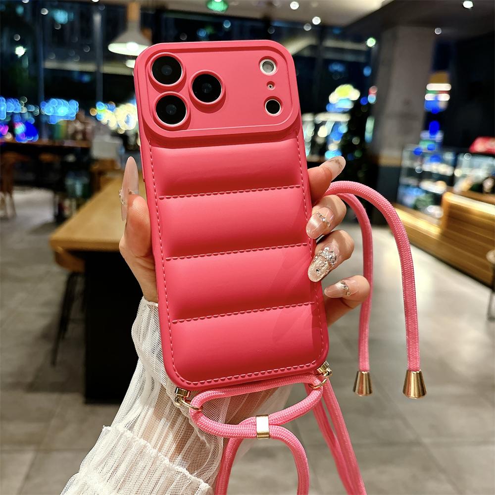 Soft Down Jacket Lanyard Crossbody Case For iPhone 17 16 15 14 13 12 11 Pro Max Plus Air XR XS Max Long Strap Solid Color Cover