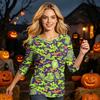 Women’s Casual Three Quarter Sleeve Halloween Skull Print Top Crew Neck Relaxed Fit Soft Lightweight Blouse Shirt