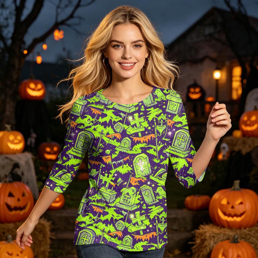 Women’s Casual Three Quarter Sleeve Halloween Skull Print Top Crew Neck Relaxed Fit Soft Lightweight Blouse Shirt