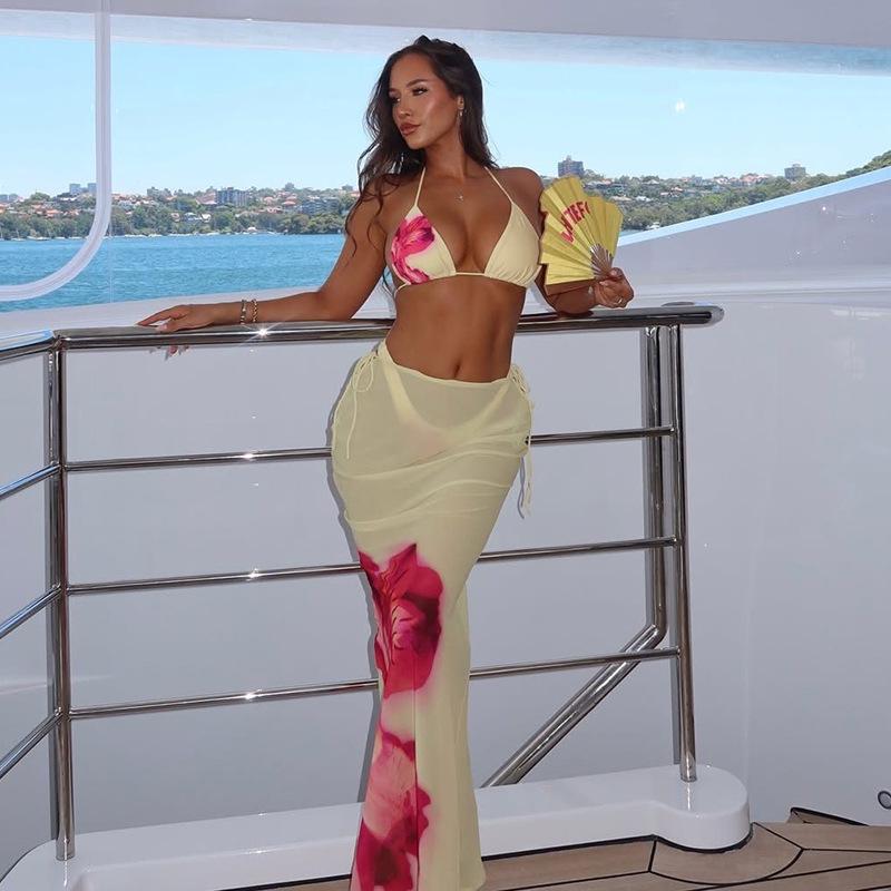 Summer 2025 European & American Print Lace-up Bikini Swimsuit Three-Piece Set