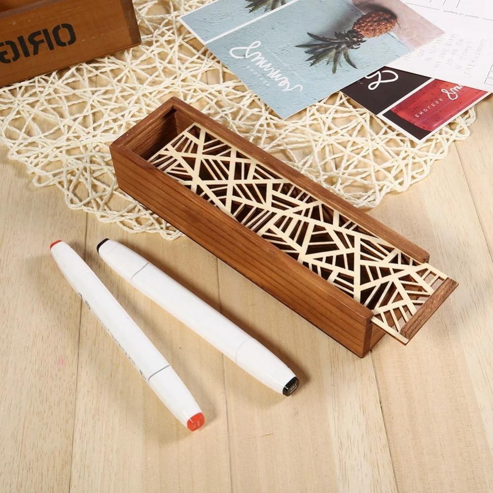 Retro Wooden Pencil Box Hollow Pencil Case Unique Stationery Box  Desk Storage Accessories