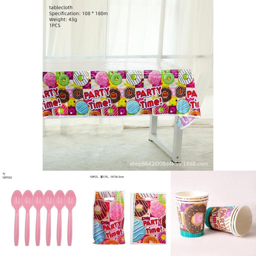 Colorful Donuts Birthday Party Supplies Featuring Plates Cups Tablecloth And Banner