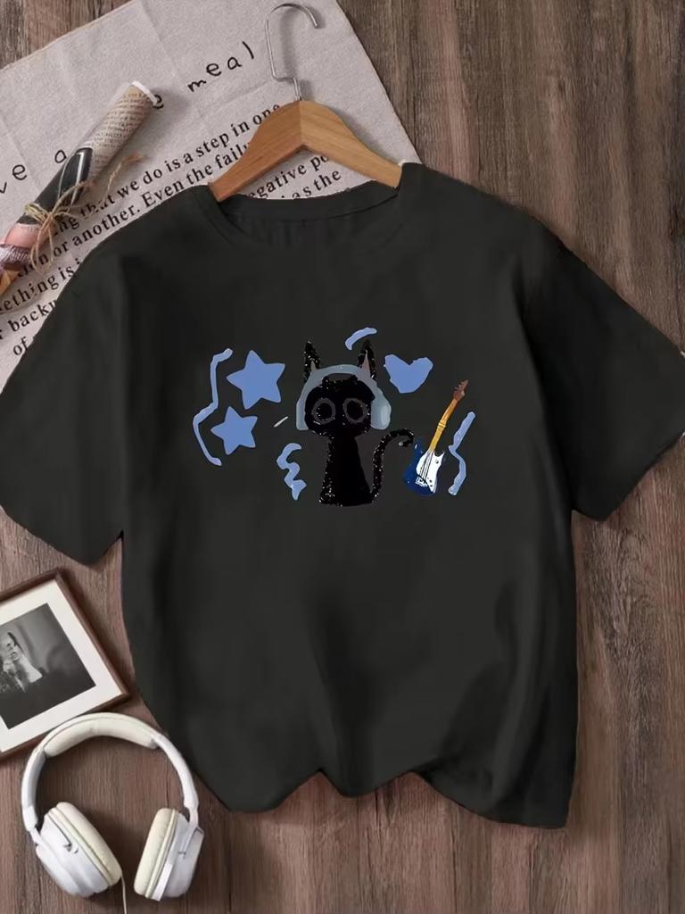 Unisexs Y2k Cat Lover Graphic Tee Round Neck Casual Summer Top With Playful Black Cat Print Soft Breathable Ecofriendly Versatile Shirt