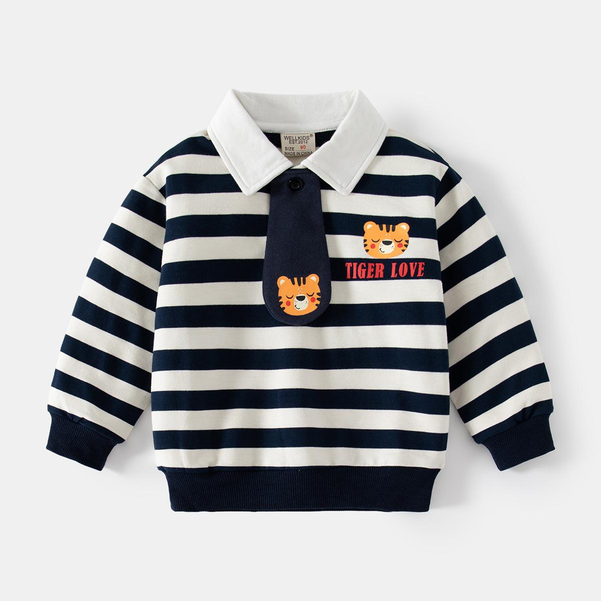 navy blue striped boys lapel sweater, handsome tie long-sleeved children s clothing, cartoon tiger cute autumn sweater 130cm